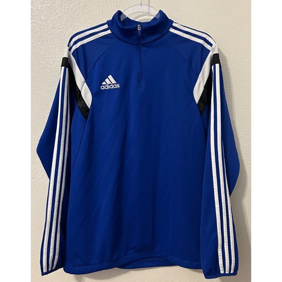 Adidas Mens Blue White Stripes ClimaCool Long Sleeve Quarter-Zip Pullover Size L - Picture 1 of 5